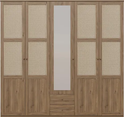 Produktbild von Furniture24 Kleiderschrank Glenkeen Glks952-Q249 5 Türiger Schrank Mit Spiegel - Valencia Eiche / Wiener Rattangeflecht