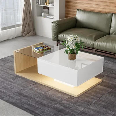 Image de Fortuna Lai Table basse 100x50x32cm avec plateau en verre et tiroir, table d'appoint haute brillance avec LED incl. APP, table de salon, Natural