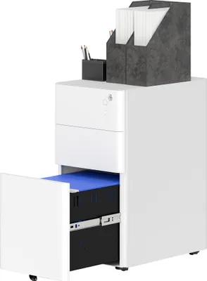 Produktbild von Weißer Metall Aktenschrank mit 3 Schubladen und Rollen - Mobiler Büroschrank fürs Homeoffice