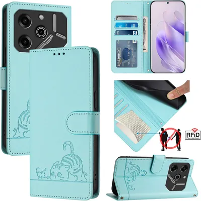 Produktbild von Leder Hülle für Tecno Pova 6 / Pova 6 Pro Süße Katze Flip Case Brieftasche Schutzhülle mit Standfunktion hellgrün