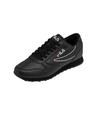 A black Fila sneaker is shown against a white background.