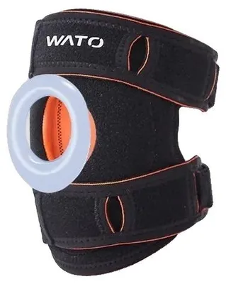 Immagine prodotto di Fascia per il ginocchio, con compressione regolabile, protezioni per la rotula, colore nero e arancione, taglia S-M