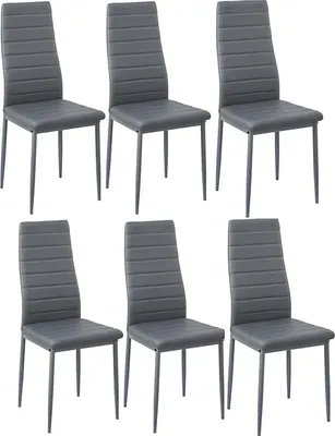 Six gray dining chairs are arranged in two rows of three against a white background.