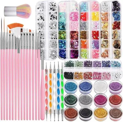 Produktbild von Nail-Art-Set - 38-teilig - Nageldekoration - Nageldesign-Set - Nail-Art-Pinsel mit Dotting-Tools - Strasssteine - Nagelfolie - Glitzer - für Maniküre