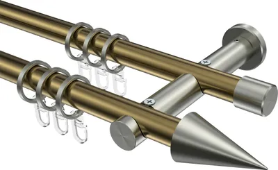 Produktbild von Interdeco Gardinenstange / Vorhangstange Messing Antik / Edelstahl-Optik, Typ Platon Savio (Kegel), 20 mm Ø 2-läufig, 220 cm