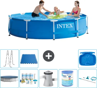 Obrázok produktu pre Bazén Intex s okrúhlym rámom - 305 x 76 cm - modrý - obsahuje kryt - súpravu na údržbu - filtračné čerpadlo pre bazén - filter - čistiaca súprava - rebrík