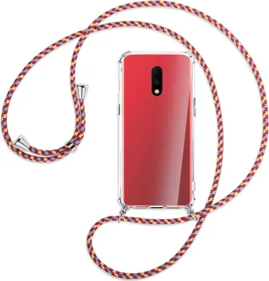 Produktbild von Handykette Backcover-Schutzhülle mit Band (Metall silberfarben) für OnePlus 7 - weinrot/gelb/grau