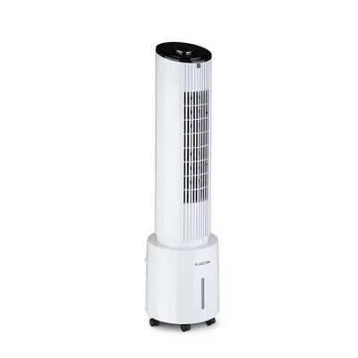 A white tower fan with a black top sits on a white background.