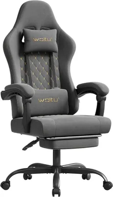 Produktbild von Gaming Stuhl mit Massagefunktion, Computerstuhl Ergonomisch, Taschenfederkissen, Lendenmassage, Kopfkissen, Fußstütze, Drehstuhl, 150 kg, Tech-Stoff, Grau+Gelb
