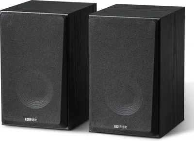A pair of black Edifier computer speakers are shown against a white background.