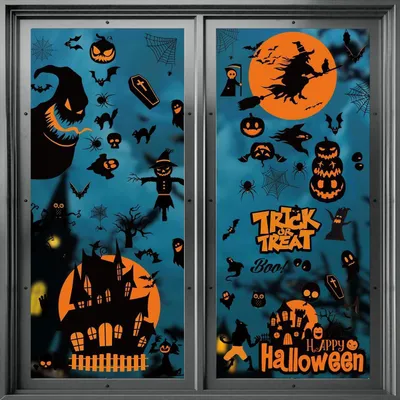 Zdjęcie produktu dla Naklejki dekoracyjne na okna na Halloween, samoprzylepne, 98 sztuk: dynie, pajęczyny, nietoperze, szkielety, duchy