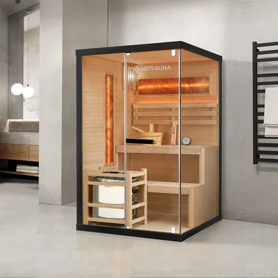 Produktbild von ARTSAUNA® Traditionelle Sauna Vantaa 120 - schwarz, Salzsteine, Hemlock Holz, 3,5 kW Saunaofen, Indoor Sauna 2 Personen, Komplett-Set