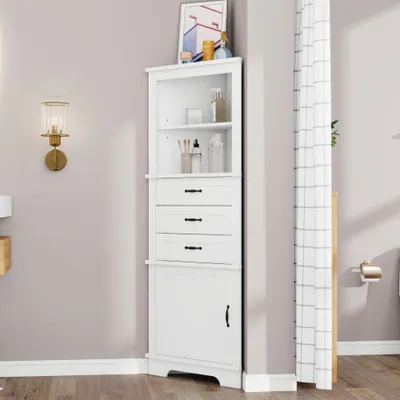 Produktbild von Badezimmerschrank Hoch Badschrank Weiß MDF 167cm Feuchtigkeitsbeständig mit Schublade