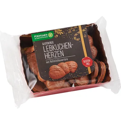 Zdjęcie produktu dla Poensgen piernikowe serca z polewą z mlecznej czekolady, bezglutenowe 175g