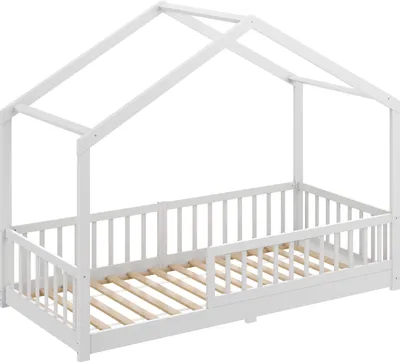 Produktbild von CADANI Malte Hausbett 90x200 cm Bodenbett, Rausfallschutz abnehmbar, bis 200 kg belastbar, Montessori Kinderbett weiß, Kiefer Massivholz