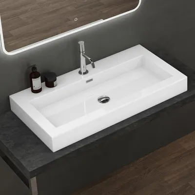 Image de doporro Lavabo Suspendu Vasque à Poser Blanc 90cm Lave Mains Rectangulaire Colossum18 90x48x10cm