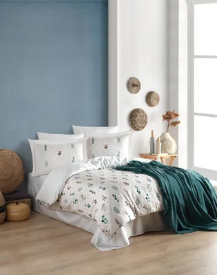 Zdjęcie produktu dla L'Essentiel Linge de Maison, Ofelya - Green, zestaw podwójnej poszwy na kołdrę Ranforce, biały, 100% BAWEŁNA RANFORCE, 200 x 220 cm