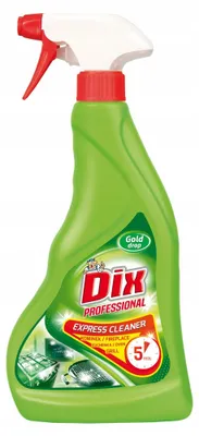 A green spray bottle of cleaning product with a red and white spray nozzle.