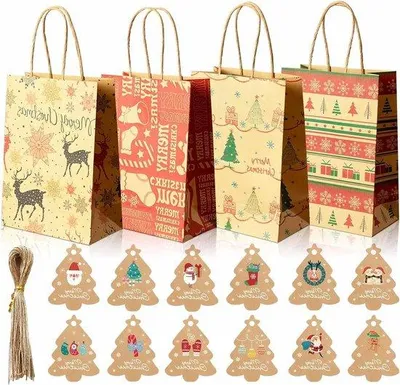 Image de Sacs cadeaux de Noël avec poignée, 12 pièces, 4 motifs, 21 x 15 x 8 cm, en papier