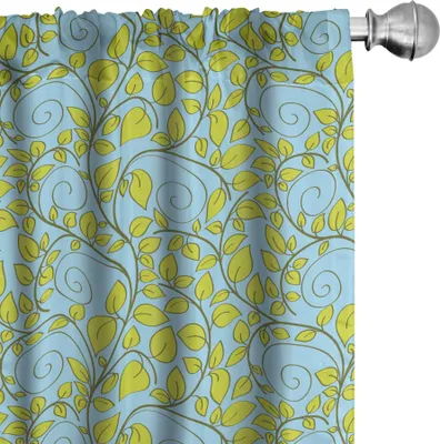 Produktbild von ABAKUHAUS Blätter Vorhänge, Gardinen, Süße Cartoon Botanische Muster von Curlicue Branchen, 2 Stück 75 x 225 cm, Blau Gelb Grün