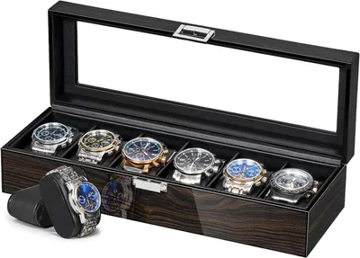 Produktbild von Uhrenvitrine mit 6 Fächern, neue Herren-Uhrenbox in Ebenholzfarbe mit Klavierlack und Glasdeckel, Uhrenhalter/Organizer für Damen und Herren – 6 Fächer, JWB006E