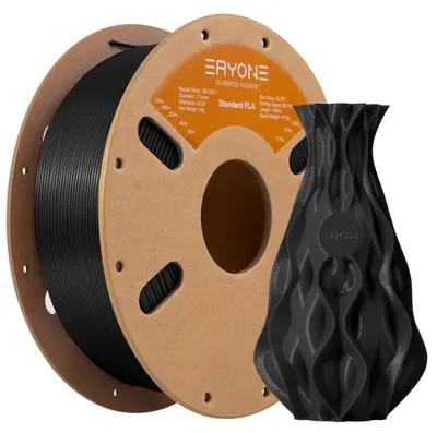 Zdjęcie produktu dla ERYONE, filament PLA, 1,75 mm, do drukarek 3D, dokładność wymiarowa +/- 0,03 mm, 1 kg/rolka, kolor: czarny (węgiel)