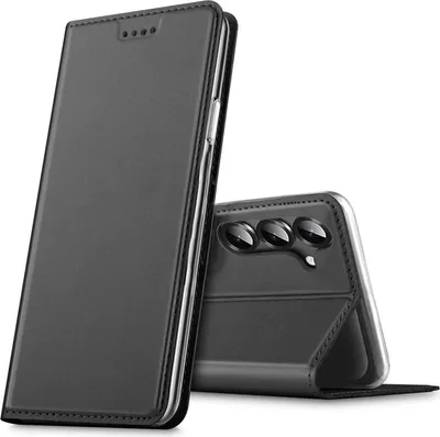A black flip case for a smartphone is shown in two positions, one closed and one open, revealing the camera lenses of the phone.