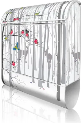 Produktbild von banjado Design Briefkasten Stahl weiß mit Zeitungsfach pulverbeschichtet "Winterwald" 38x46x12,5cm & 2 Schlüssel - Postkasten A4 Einwurf inkl. Montagematerial [BKW 10660]