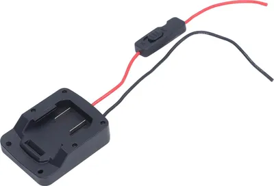 A black battery adapter with red and black wires and a switch, isolated on a white background.