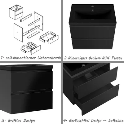 Produktbild von 60 cm Badmöbel-Set Unterschrank mit Schwarz Mineralguss waschtisch 2 Schubladen soft-close Hochglanz Schwarz Selbstmontierter