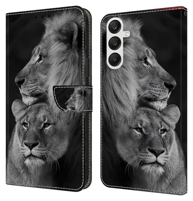 A black and white image of a phone case with a lion design, shown in both open and closed states.