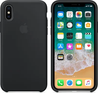 A black iPhone case is shown from the back and front, with the phone screen displaying app icons.