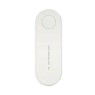 A white, oval-shaped electronic device with a power button icon and text on a white background.
