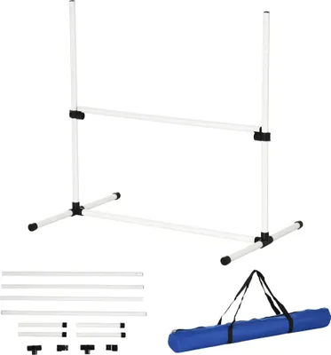 Produktbild von Steckhürdenset höhenverstellbar, Hunde Agility Set 4 Hürden, Slalomstangen Kunststoff, Weiß  |  mit Tragetasche  |  4 kg  |  99 x 65 x 94 cm