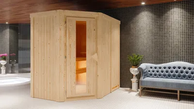 Produktbild von Karibu Sauna Innensauna Carin Eckeinstieg Ofen 9 kW  externe Strg easy 196x151x198 cm ohne Dachkranz mit Energiespartür
