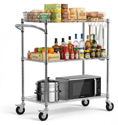 Produktbild von Küchenwagen Servierwagen - Rollwagen Metallregal - 3 Ebenen - Tragkraft 300 kg - Höhenverstellbare Drahtablagen - Mit Griff - Für Küche Garage Waschküche - 89 x 45,3 x 104 cm