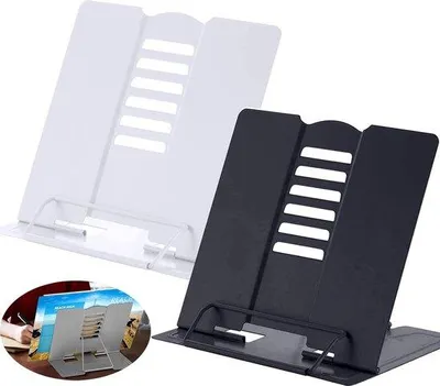 Produktbild von Unyqoos® 2er-Set verstellbare Metall-Buchständer – Lese- & Kochbuchhalter, 6-fach höhenverstellbar, faltbar, ergonomisch, schwarz + weiß