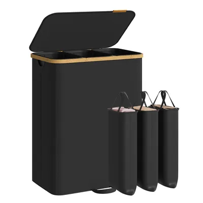 Produktbild von SONGMICS Wäschekorb mit Deckel, Wäschesammler, Wäschesortierer, Wäschesack herausnehmbar, 3 Fächer, 170 Liter, schwarz