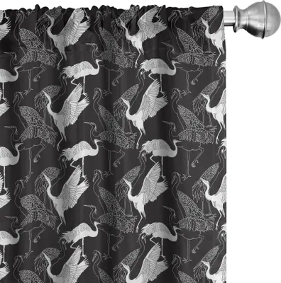 Produktbild von ABAKUHAUS Kran Vorhänge, Gardinen, Einfarbige alte asiatische Vogel-Muster-Schattenbilder und umreißt japanische Art, 2 Stück 75 x 225 cm, Schwarz und weiß
