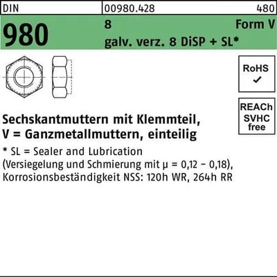 Produktbild von Reyher  Sechskantmuttern DIN 980 8 V M 12 Zn8 (250 Stück)