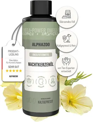 Produktbild von alphazoo Premium Nachtkerzenöl für Katzen 100 ml – Natürliches, kaltgepresstes Futteröl mit Omega‑6 & Omega‑9 – Unterstützt Haut & Fell