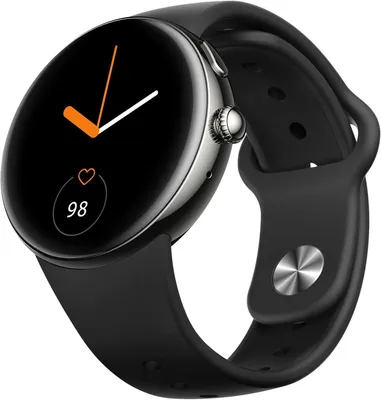 A black smartwatch with a black strap is shown against a white background.