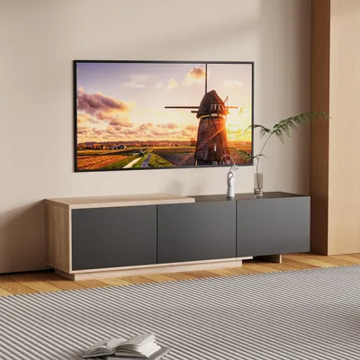 Zdjęcie produktu dla RTV stojak, czarny, 240x38x44 cm, wykonany z drewna, z oświetleniem LED i miejscem do przechowywania, idealny do salonu