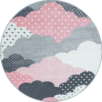 Produktbild von Kinder Teppich Kinderzimmer für Jungs und Mädchen Pink 120x120 weich Wolken Design bunt aus Regenbogen Fußball uvm. Rund aus Polypropylen