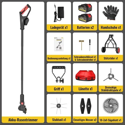 Produktbild von Akku Rasentrimmer mit 2 Akkus und Ladegerät Elektro Freischneider kabellos ergonomisch faltbar bürstenloser Motor 2200 W 21 Volt Mit Stützräder 2 x Akku