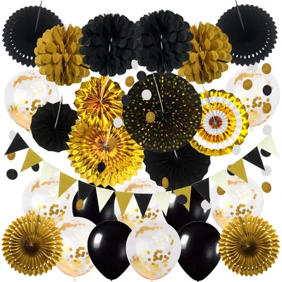 Produktbild von Feierdekorationen schwarz und gold, Konfetti, Ballons, Papierfächer, Pompons, 1 Set, für Party