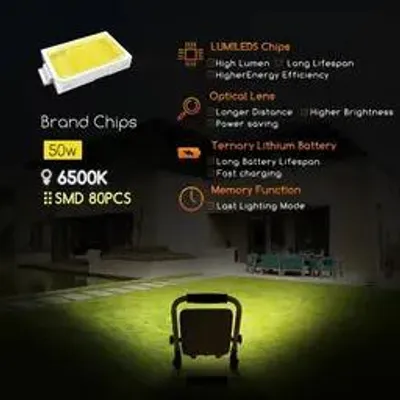 Immagine prodotto di Lampada da lavoro LED ricaricabile, grado di protezione IP65 – 50 W, 1400 lumen – 6500 K, luce bianca simile alla luce diurna – Autonomia fino a 12 ore