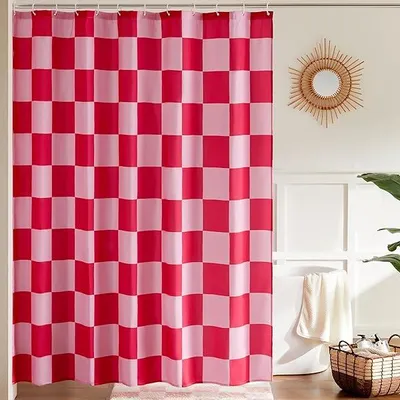 Produktbild von Duschvorhang Rosafarben 1 Stück, Karierter Schachbrettmuster Duschvorhang, Vintage-Retro-Stil Für Badezimmer
