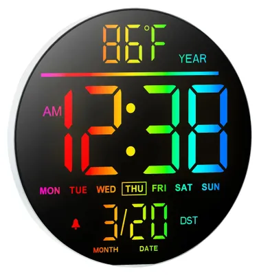 Produktbild von Digitale LED-Wanduhr 10 Zoll mit RGB-Beleuchtung, 11 Farbmodi, Fernbedienung, Doppelalarm und Temperaturanzeige - Weiß