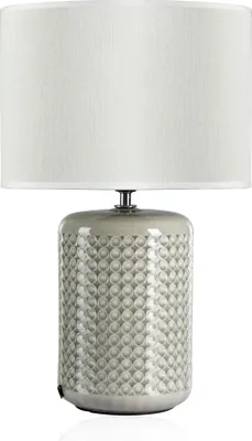 A table lamp with a textured base and a fabric shade, presented on a white background.